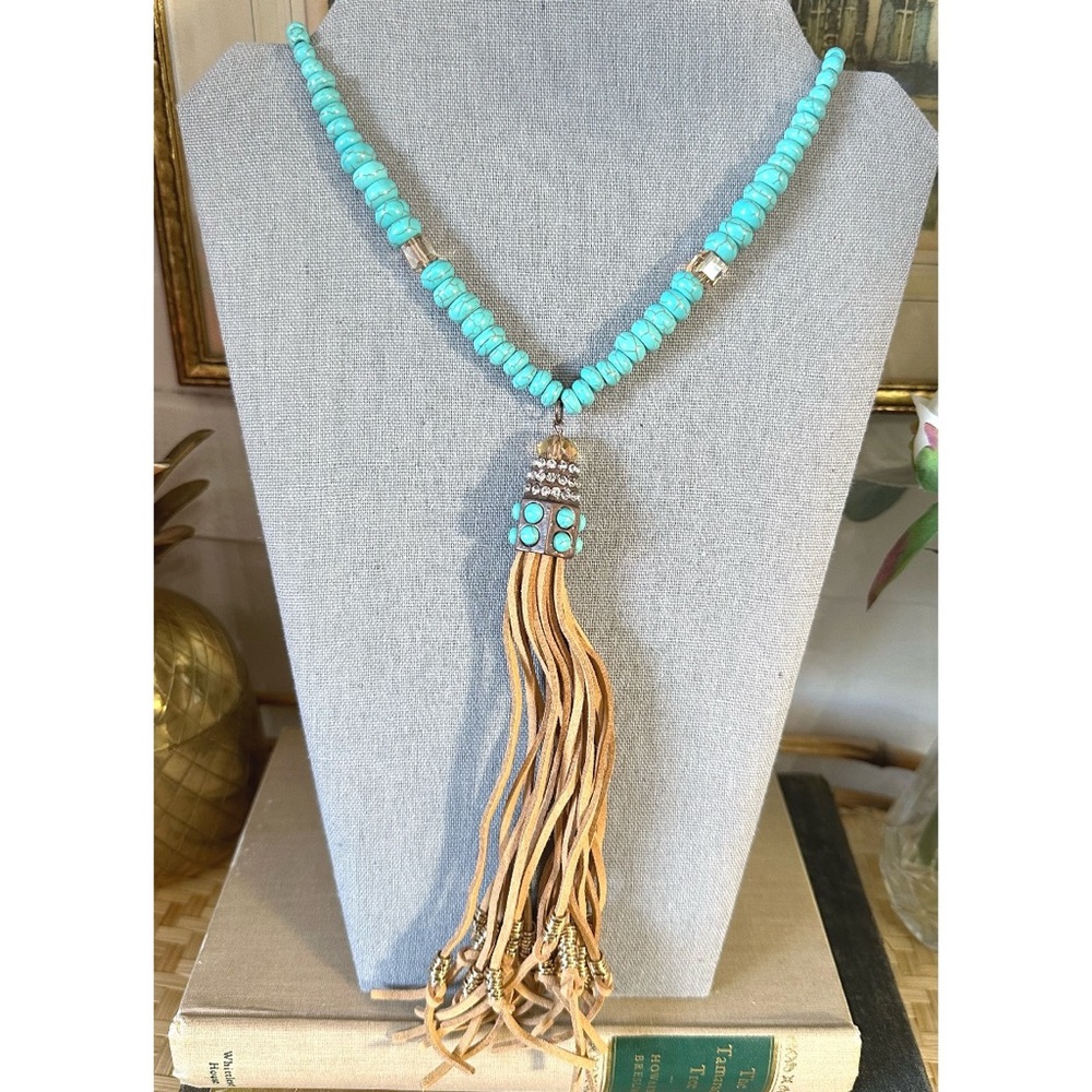Boutique turquoise beaded necklace with a leather tassel, NEW